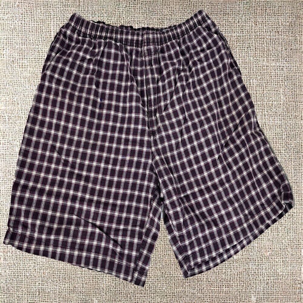 Express Men's Purple Plaid Cotton Knit Drawstring Shorts L 32in Easy Care